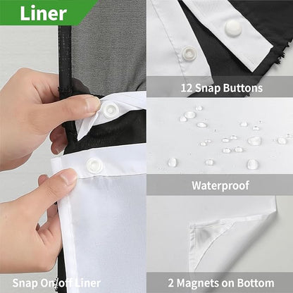 eachope no Hook Shower Curtain and Liner Set，Boho Style with See Through Top Window, Black Fabric Tufted Striped Textured Outer Curtain & Waterproof Inner Liner, DarkBlack, 71Wx86H