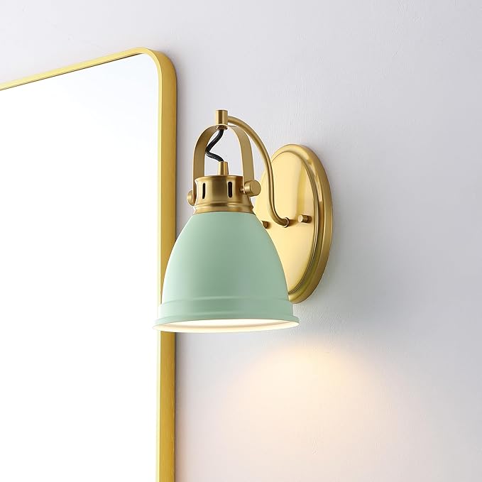 JONATHAN Y 7" Mint Green/Brass Gold 1-Light LED Vanity Light, Adjustable Wall Sconce for Bathroom Mirror, Farmhouse Bohemian Kitchen Light, Iron Black Bell Shade (JYL1114D)