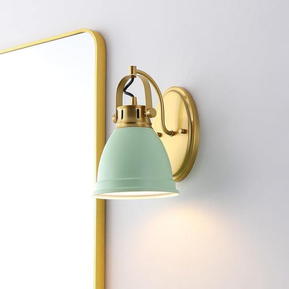 JONATHAN Y 7" Mint Green/Brass Gold 1-Light LED Vanity Light, Adjustable Wall Sconce for Bathroom Mirror, Farmhouse Bohemian Kitchen Light, Iron Black Bell Shade (JYL1114D)
