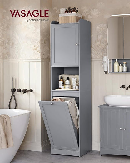VASAGLE Tall Storage Cabinet, Storage Unit with Removable Laundry Basket, Compartment and Cabinet, for Bathroom, Living Room, 15.8 x 15.8 x 66.9 Inches, Dove Gray UBBC761G02