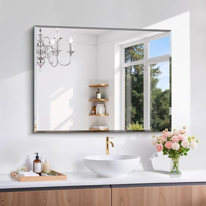 CILIBER Beveled Mirror, 30x40 Large Frameless Bathroom Mirrors for Wall, 3mm Tempered Glass Rectangle Vanity Mirror with Beveled Edge, Crystal-Clear, Hangs Horizontally or Vertically