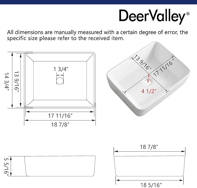 DeerValley Vessel Sink Rectangle 19"x15" Bathroom Sink, White Ceramic Rectangular Sink Above Counter Porcelain Art Basin,19 Inch Bathroom Sinks, DV-1V031