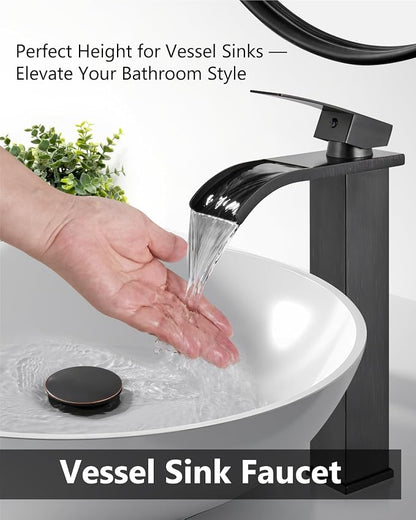 Oil Rubbed Bronze Waterfall Vessel Sink Faucet,Tall Bathroom Faucet | Single-Handle Single-Hole Lavatory Vanity Sink Faucet Mixer Tap Includes Pop-Up Drain and Supply Lines