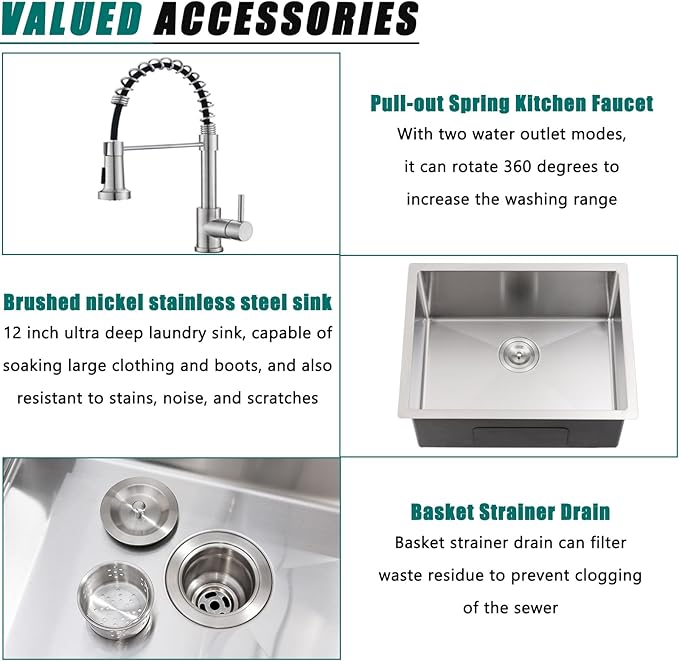 Undermount Laundry Sink with Faucet Combo, 23"x18"x12" Laundry Utility Sink Stainless Steel 12" Deep Laundry Room Sink 16 Gauge Single Bowl Undermount Kitchen Sinks