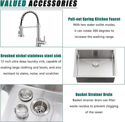 Undermount Laundry Sink with Faucet Combo, 23"x18"x12" Laundry Utility Sink Stainless Steel 12" Deep Laundry Room Sink 16 Gauge Single Bowl Undermount Kitchen Sinks