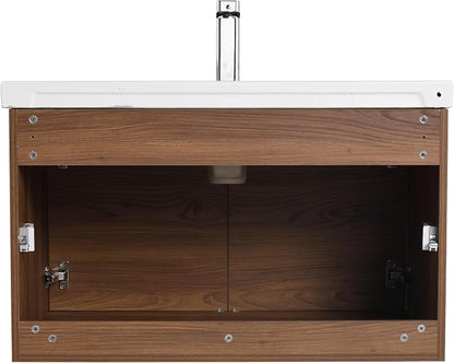Blossom Modern 32 Inch Floating Bathroom Vanity | Walnut Wood Wall Mount Cabinet & Ceramic Sink | Water-Resistant Wood Core | Soft-Close Minimalist Storage for Master Bath