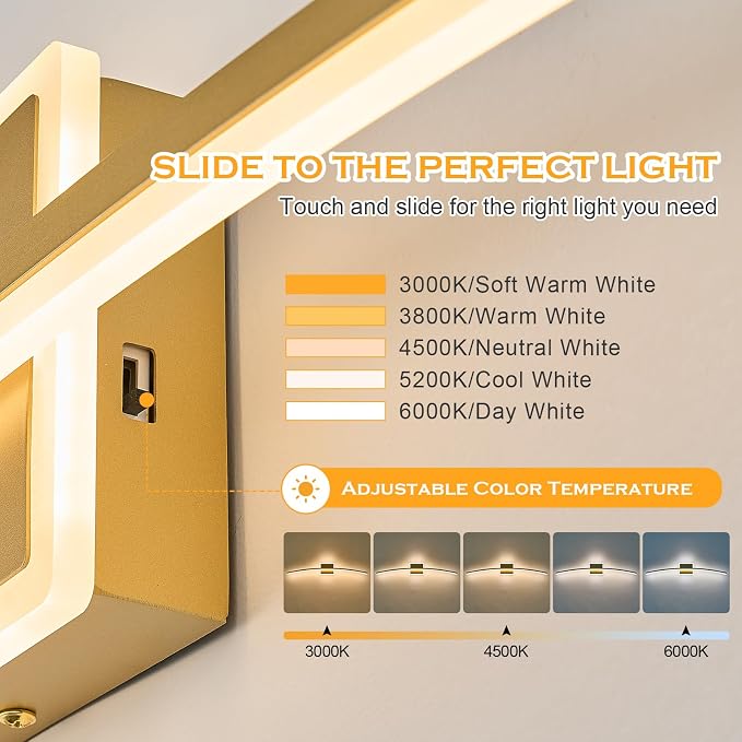 Benkut Modern LED Wall Sconce Gold LED Bathroom Light Fixtures Over Mirror Wall Lighting for Bathroom, Dimmable Long Vanity Light for Bathroom Living Dining Room(5CCT 31.5Inch)