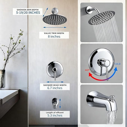 Tub Shower Faucet Set Valve Included with 6-Inch Rain Shower Head and Tub Spout Single-Handle Tub and Shower Trim Kit Chrome for Bathroom Remodels — Regaderas Para Baño Con Tina Modernas