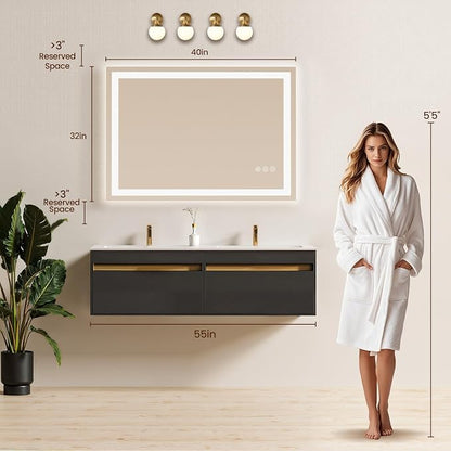 40x32 LED Bathroom Mirror with Anti-Fog, Backlit & Front Lit, Memory | Stepless Dimmable 3 Color CRI 95+ Shatterproof Tempered Glass ETL Listed for Safety Lighted Bathroom Vanity Mirror for Wall