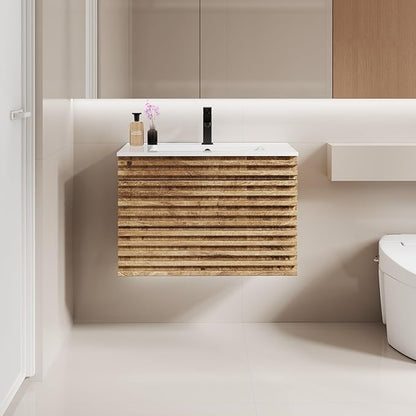 LUCKWIND 30" Floating Bathroom Vanity with Sink, Mid-Century Wall Mounted Big Drawer Cabinet with Large Sink, Water Saving Faucet and Wood Stripes Style, Oak