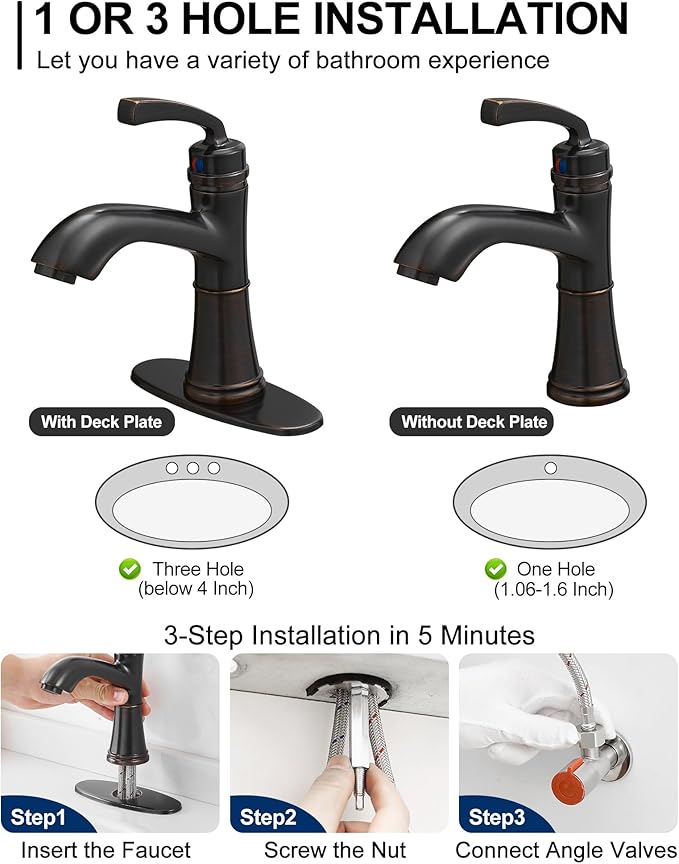 Brass One Hole Bathroom Faucet, 4 Inch Oil Rubbed Bronze Bathroom Faucets 3 Hole, Bathroom Sink Faucet Single Handle, Vanity Sink Faucet with Deck Plate, Pre-Installed Hoses, Pop-up Drain