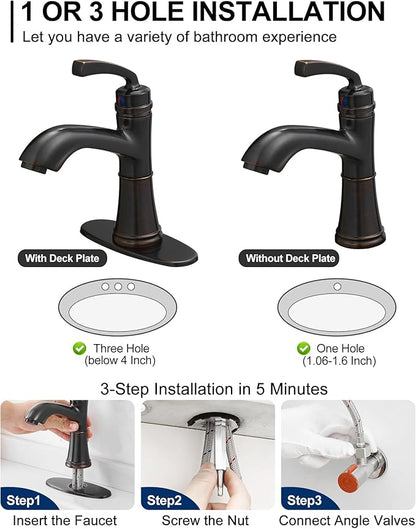 Brass One Hole Bathroom Faucet, 4 Inch Oil Rubbed Bronze Bathroom Faucets 3 Hole, Bathroom Sink Faucet Single Handle, Vanity Sink Faucet with Deck Plate, Pre-Installed Hoses, Pop-up Drain
