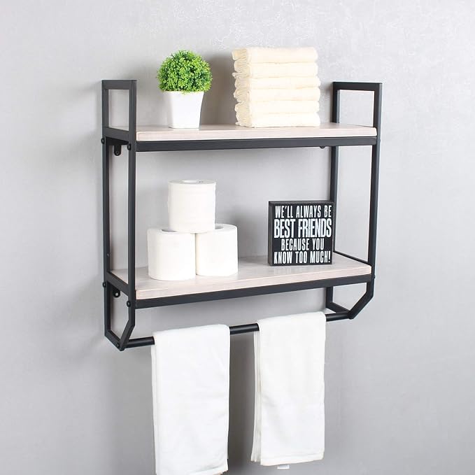 2-Tier Metal Industrial 23.6" Bathroom Shelves Wall Mounted,Rustic Wall Shelf Over Toilet,Towel Rack with Towel Bar,Utility Storage Shelf Rack, Floating Shelves Towel Holder,Retro White