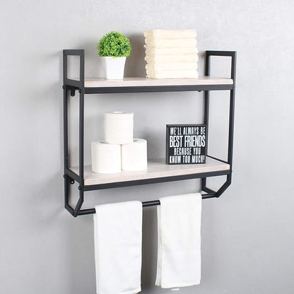 2-Tier Metal Industrial 23.6" Bathroom Shelves Wall Mounted,Rustic Wall Shelf Over Toilet,Towel Rack with Towel Bar,Utility Storage Shelf Rack, Floating Shelves Towel Holder,Retro White