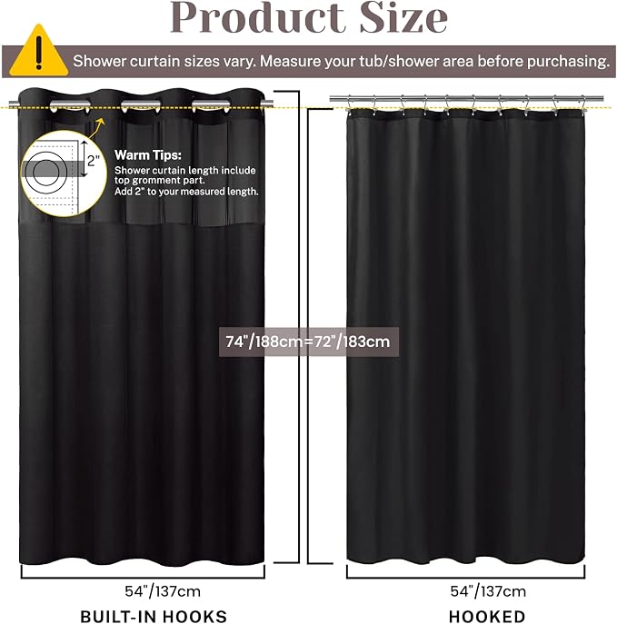 SORTTO No Hook Slub Shower Curtain with Liner, 54x74, Black | Snap in Liner, 3 in 1, Bamboo Texture, Hotel Style, Waterproof Fabric, Mesh Top Window, Corner Magnets, Machine Washable