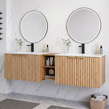 72 Inch Floating Bathroom Vanity with Double Sink, Bathroom Double Sink Cabinet with Soft Close Door Waterproof Storage, Wood Color
