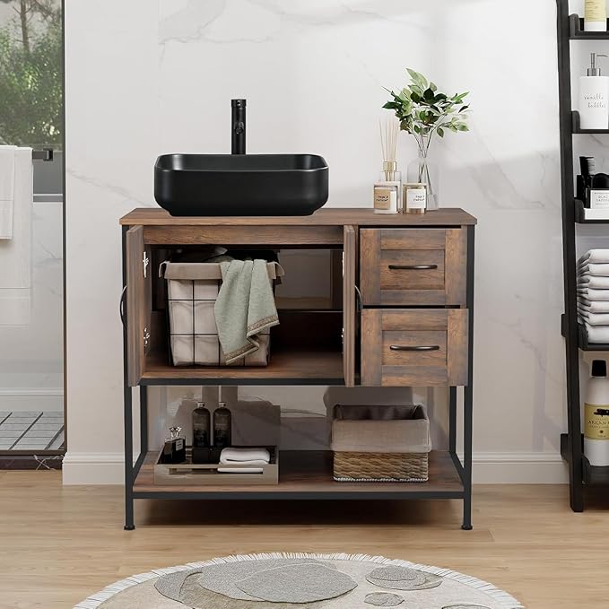 YOURLITE Bathroom Vanity, 36" Bathroom Vanity with Sink Combo Set, Rustic Farmhouse Modern Wood Cabinet with Black Ceramic Sink