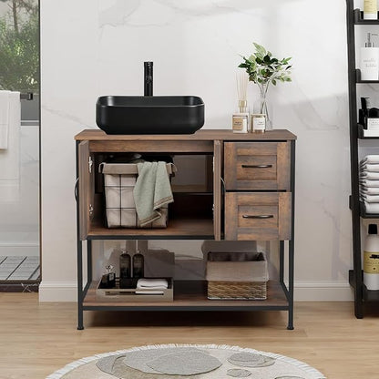 YOURLITE Bathroom Vanity, 36" Bathroom Vanity with Sink Combo Set, Rustic Farmhouse Modern Wood Cabinet with Black Ceramic Sink