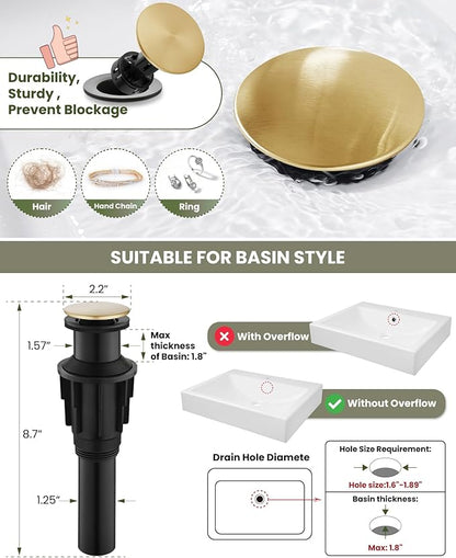 gotonovo Vessel Sink Faucet Single Handle Tall Bathroom Faucet One Hole Modern Lavatory Vanity Basin Mixer Tap Matching Supply Hoses and Pop up Drain Without Overflow, Brushed Gold