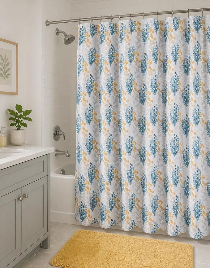 Serafina Home Hotel Quality Fabric Bathroom Shower Curtain: Floral Leaf Damask - Blue, Teal, Yellow, Grey and White (72 x 70 inches)