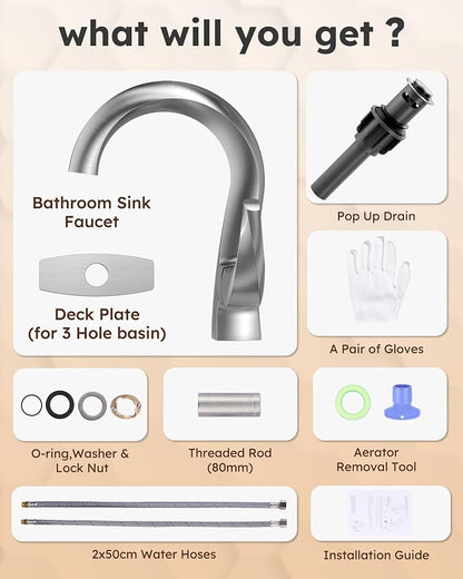 WOWOW Single Handle Bathroom Faucet, 1 Hole, High Arc, Brushed Nickel, Pop-up Drain, Solid Brass, Commercial Bathroom Sink Faucet, Basin Vanity Bar Faucet