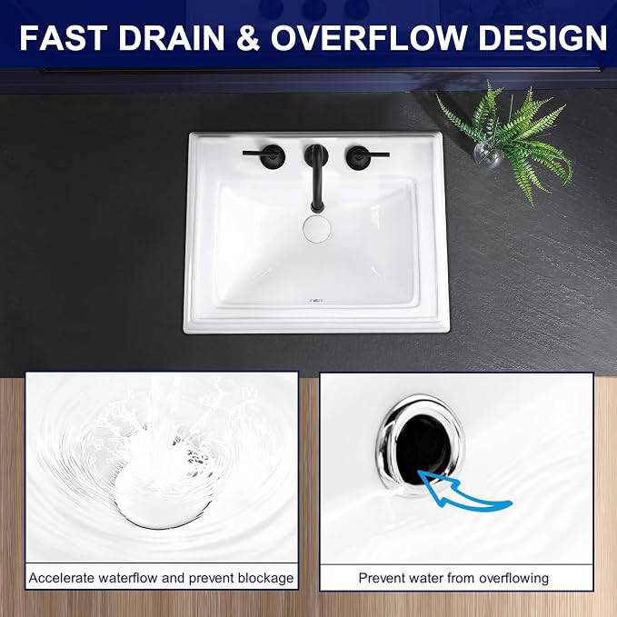 23"x18" Semi Recessed Bathroom Sink with 8-in Centerset Three 1.38" Faucet Hole Drop-in Vessel Sink White Porcelain Ceramic Modern Rectangular Sinks Basin Vanity Sinks with Overflow
