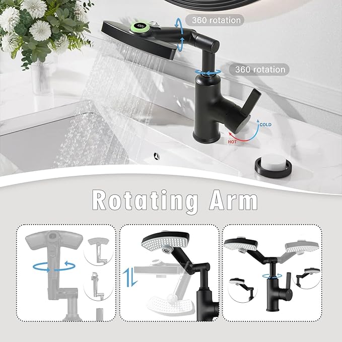 Black Rotatable Rain Faucet, Single Hole 360° Rotatable Bathroom Faucet, Single Handle Modern Bathroom Sink Faucet with LED Temperature Display(No Batteries) in Fahrenheit, 3 Water Modes