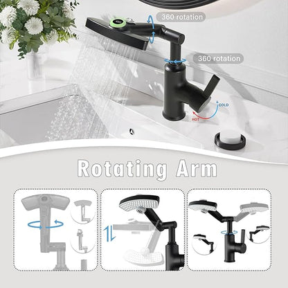 Black Rotatable Rain Faucet, Single Hole 360° Rotatable Bathroom Faucet, Single Handle Modern Bathroom Sink Faucet with LED Temperature Display(No Batteries) in Fahrenheit, 3 Water Modes