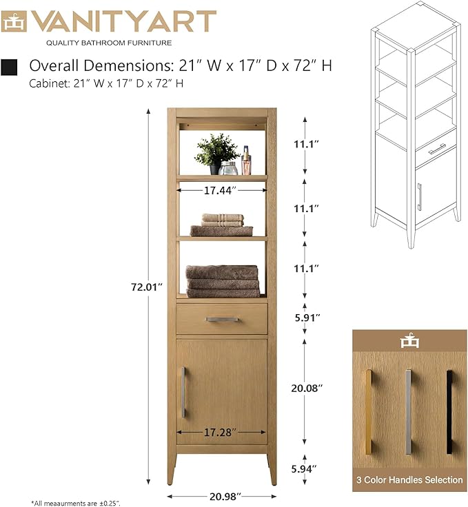 Vanity Art 21 inch Bathroom Vanity with Storage Cabinet & Shelves, Storage Cabinet with Soft-Closing Doors, VA90-LC-NO-GB1
