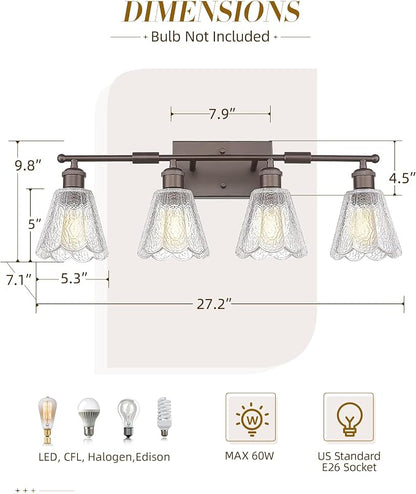 HWH 4-Light Bathroom Vanity Light, Clear Floral Glass, 5HJX110B-4W ORB | Oil-Rubbed Bronze Finish, Farmhouse, Wall Light Sconces for Bathroom, Bathroom Mirror Wall Light, Standard E26 Bulb Socket
