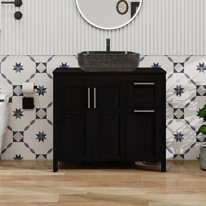 YOURLITE 36" Bathroom Vanity with Sink, Black Bathroom Vanity and Sink Combo with Faucet & Pop Up Drain Set,Traditional Vanity with with Black & Gold Ceramic Sink