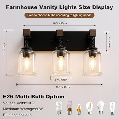 Farmhouse Bathroom Light Fixtures, 3 Light Bathroom Vanity Light, Black Industrial Style with Clear Glass Shades, Wood Bathroom Lighting Fixtures Over Mirror for Bedroom, Living Room