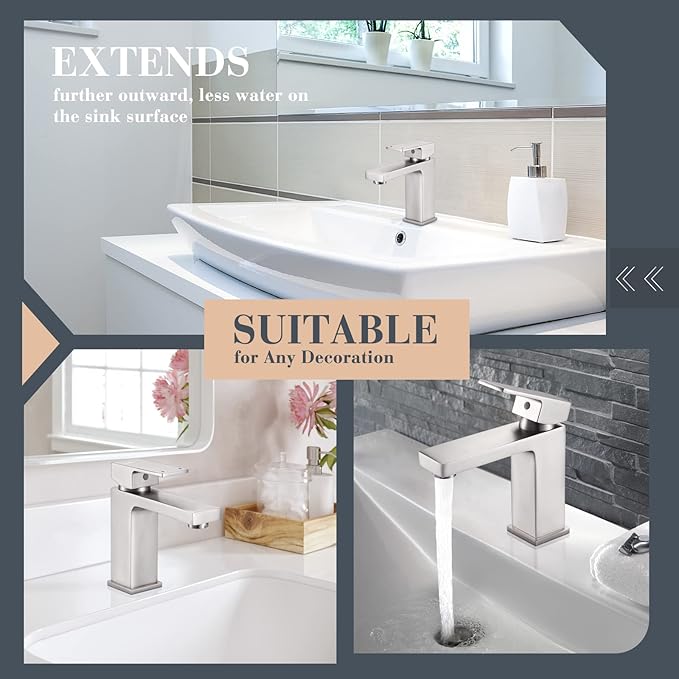 Single Hole Bathroom Faucet, 1-Handle Bathroom Sink Faucet with Pop-Up Drain, Stainless Steel Brushed Nickel for Modern Bath/Vanity