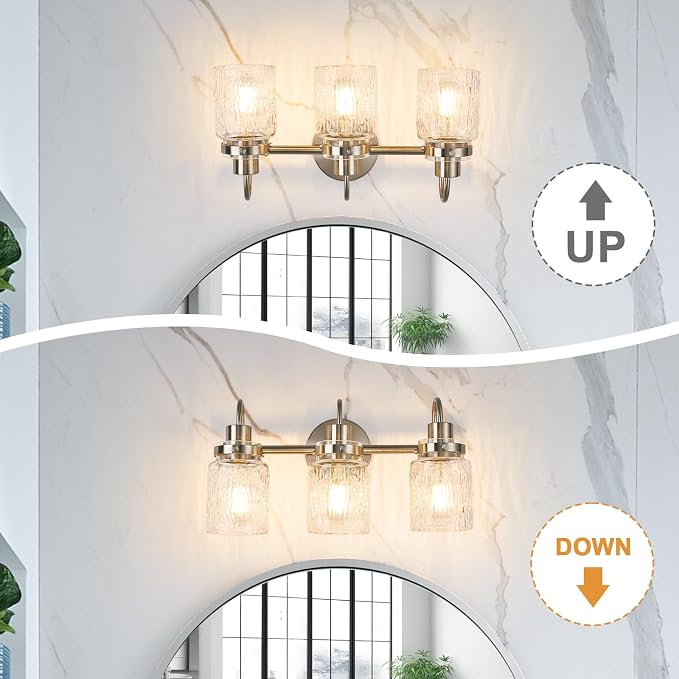 3 Lights Bathroom Vanity Light, Brushed Nickel Bathroom Light Fixtures with Hammered Glass Lampshade for Dressing Table,Over Mirror,Hallway