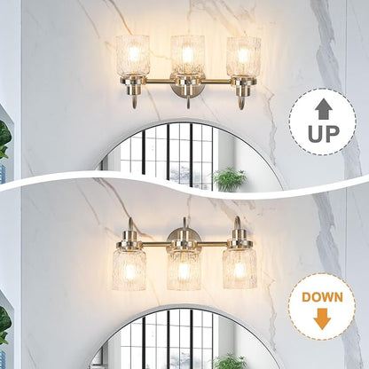 3 Lights Bathroom Vanity Light, Brushed Nickel Bathroom Light Fixtures with Hammered Glass Lampshade for Dressing Table,Over Mirror,Hallway