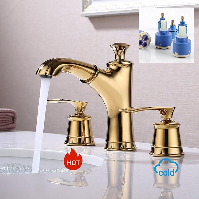 BiaoTeng Bathroom Faucets for Sink 3 Hole Pull Out Hot and Cold Double Handle Three Hole Bathroom Faucet with Pullout Spray Brass Gold