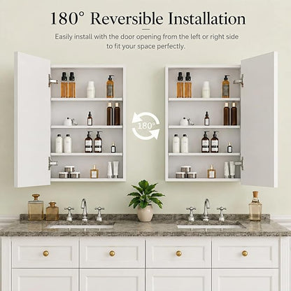 Buruis 24 x 30 Inch Bathroom Wood Medicine Cabinet Mirror, White | Fully Assembled Design, Adjustable Glass Shelves, Soft-Close Hinges, Bathroom Storage Organizer, Left/Right Opening