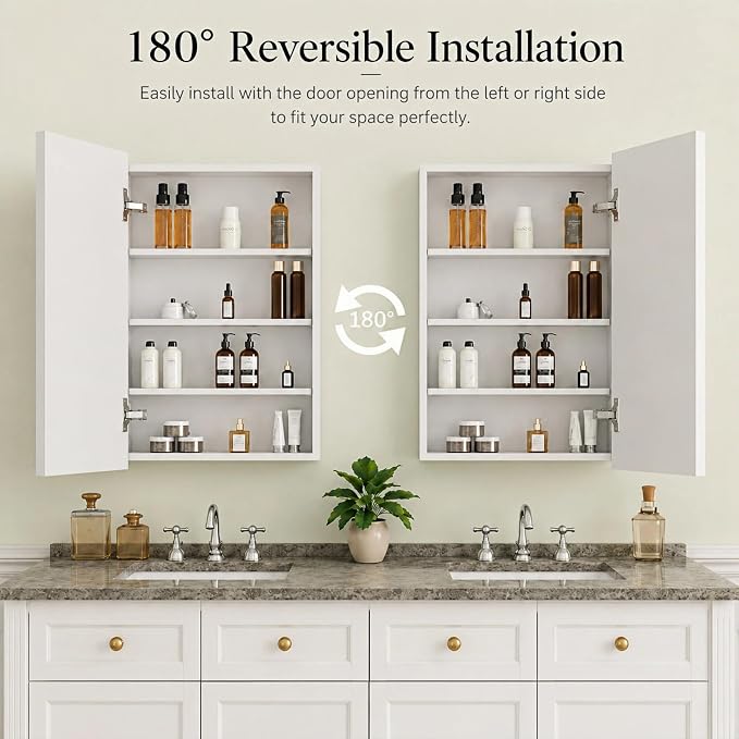 Buruis 16 x 24 Inch Bathroom Wood Medicine Cabinet Mirror, White | Fully Assembled Design, Adjustable Glass Shelves, Soft-Close Hinges, Bathroom Storage Organizer, Left/Right Opening