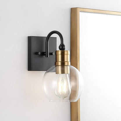 JONATHAN Y 5.88" Black/Brass Gold 1-Light Vintage Wall Sconce, LED Vanity Light for Bathroom Bedroom Entryway, Clear Glass Globe Shade, Modern Industrial Arched Lamp, LED Bulb Included JYL3526A