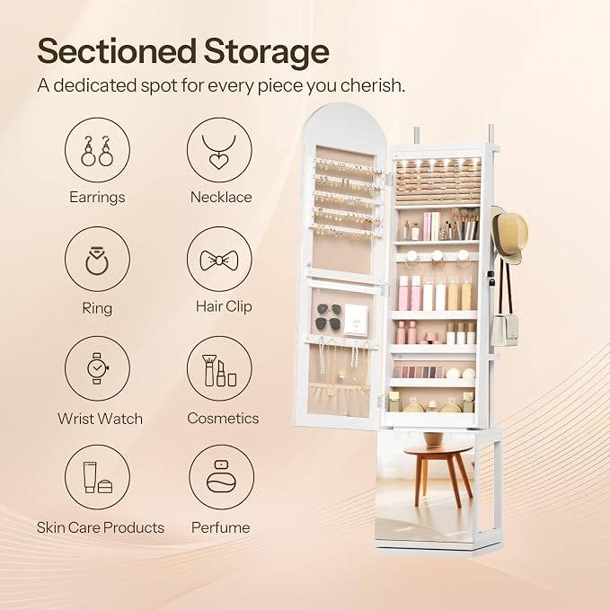 HOOBRO 360° Swivel Jewelry Cabinet with LED Lights, Standing Jewelry Organizer with Storage Shelf, Arched Full-Length Mirrored Jewelry Aromires, Lockable Jewelry Cabinet, Makeup Brush Boxes, White