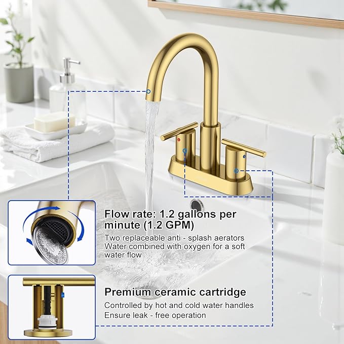 Hurran 4 Inch Bathroom Faucet for Sink 3 Hole, Gold Bathroom Faucet with Pop-up Drain and 2 Supply Hoses,Stainless Steel Lead-Free 2-Handle Centerset Faucet for Sink Vanity RV