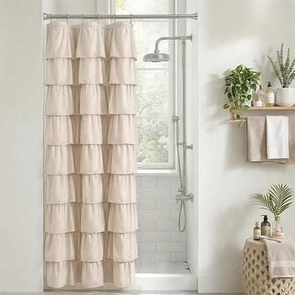 Seasonwood Small Beige Ruffle Shower Curtain Natura Farmhouse Vintage Handcrafted Rustic Decorative Fabric Shower Curtains for Bathroom, 36"x72"