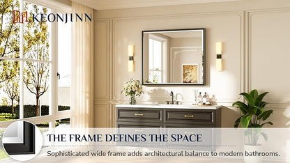 Keonjinn 42" x 36" Black Bathroom Vanity Mirror, Aluminum Alloy Frame | HD Tempered Glass with Beveled Edge, Secure French Cleat, Rectangular Wall Mirror for Over Sink, Hallway, Living Room Decor