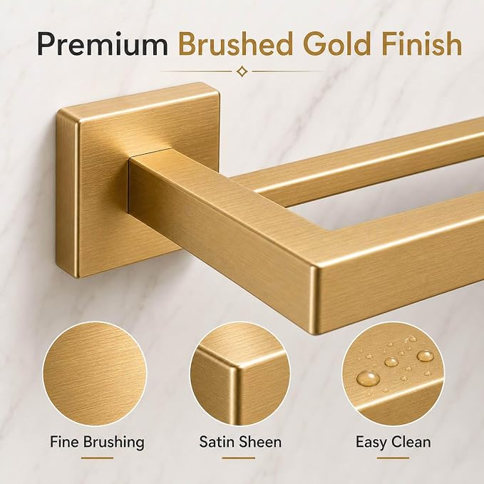 Luxury 5-Piece Bathroom Hardware Set, 23.6" Double Towel Bar & Wall Mounted Bathroom Accessories Set, SUS304 Stainless Steel Solid Metal Construction, Modern Square Design, Brushed Gold