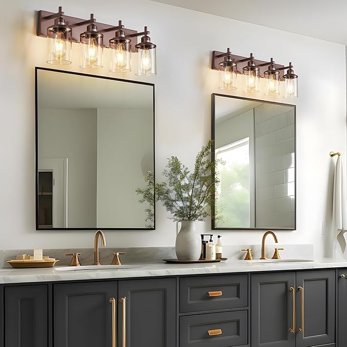 4-Light Bronze Bathroom Light Fixtures Over Mirror, Modern Bathroom Vanity Light with Clear Glass Shade, Wall Sconce for Bathroom Hallway Cabinet Bedroom