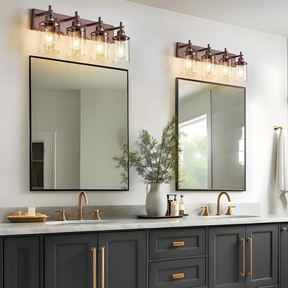 4-Light Bronze Bathroom Light Fixtures Over Mirror, Modern Bathroom Vanity Light with Clear Glass Shade, Wall Sconce for Bathroom Hallway Cabinet Bedroom