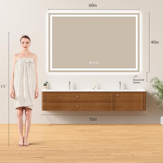 60x40 LED Bathroom Mirror with Lights - Dimmable, Anti-Fog, 3 Color Backlit & Front Lit Mirror for Bathroom, Shatter-Proof Tempered Glass, Easy Installation
