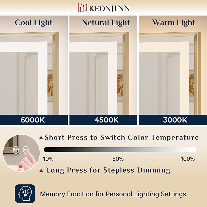 Keonjinn 24x32 Inch Gold LED Bathroom Mirror with Lights, HD Tempered Glass | Frontlit & Backlit, Lighted Bathroom Mirror, Beveled Edge , 3 Color Temperatures, Anti-fog, Stepless Dimmable