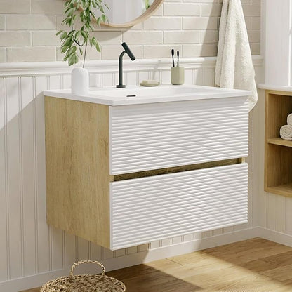 24″ Natural Wood & White Floating Bathroom Vanity with Sink, Modern Bathroom Cabinet with Soft Close & Large Storage Drawers, for Small Space, Apartment, Hotel, Fully Assembled