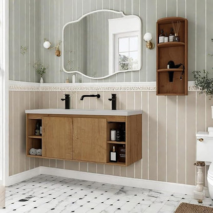 Floating Bathroom Vanity, 48" Bathroom Storage Cabinet with Double Resin Sinks, 2 Soft-Close Doors & 4 Open Storage Shelves, Wall-Mounted Vanity with Extra Three-Layer Spacious Shelves, Oak